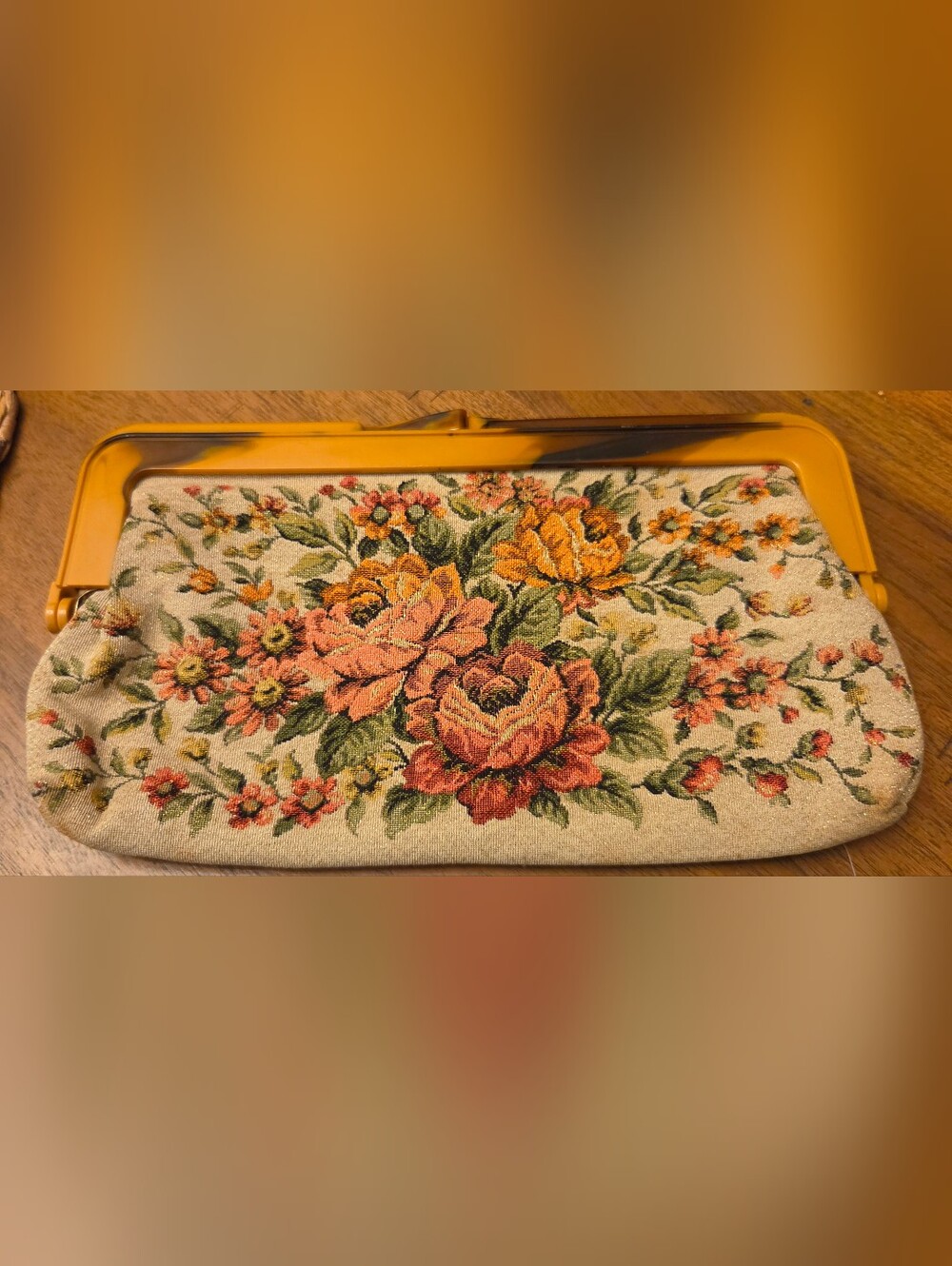 Vintage 1970s Floral Tapestry Handbag Purse Tortoiseshell Frame Large Clutch